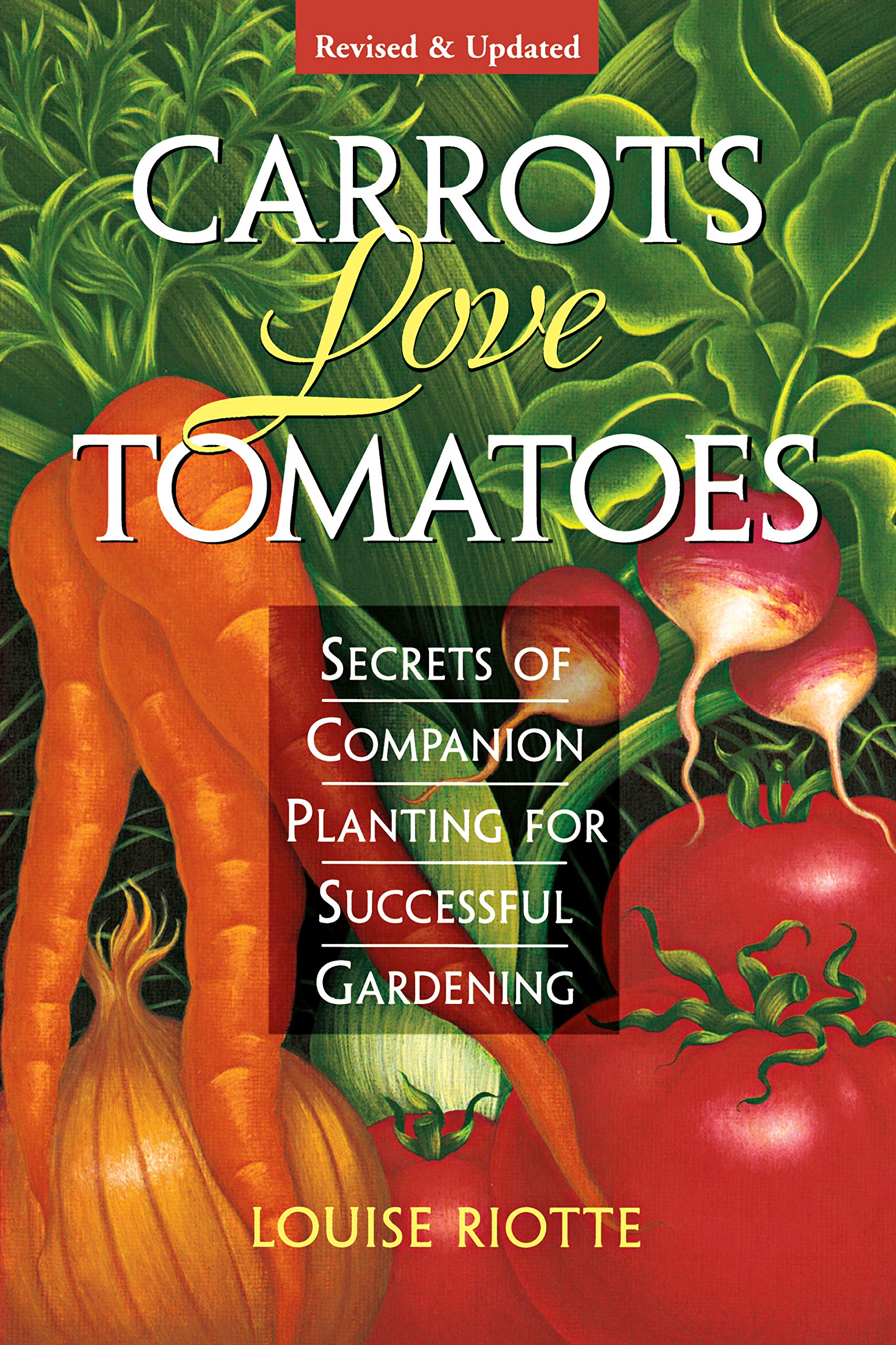 A cover of a book. The book is 'Carrots Love Tomatoes, Secrets of Companion Planting for Successful Gardening' by Lousie Riotte. These words are typeset over a background of colorful vegetables, including beets, onions, carrots, and tomatoes.