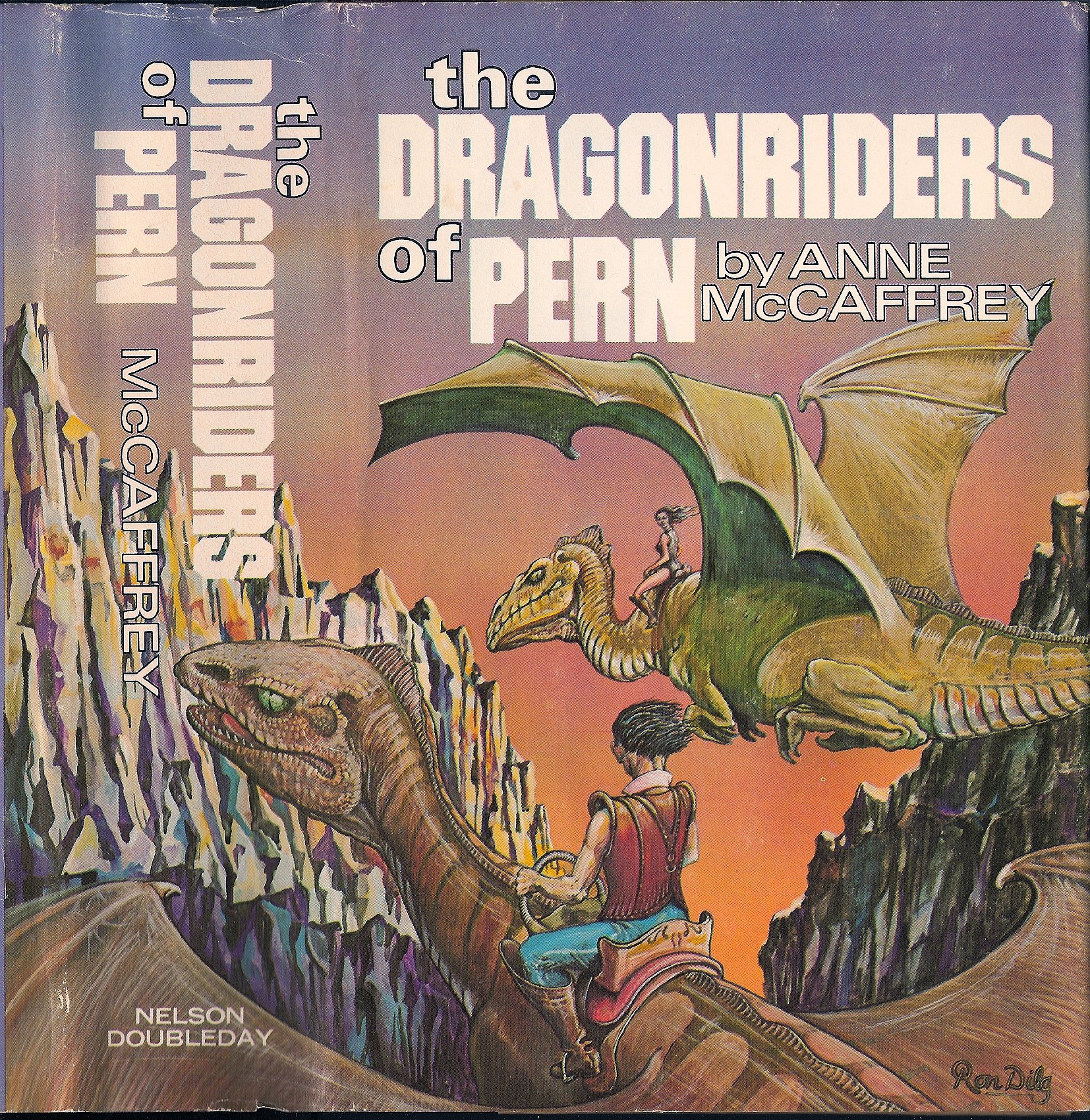 A cover of a book. The book is 'The Dragonriders of Pern,' by Anne McCaffrey. On it is a painting, in a classic sci-fi style, of two dragons flying over mountains, with one person sitting on each's back.